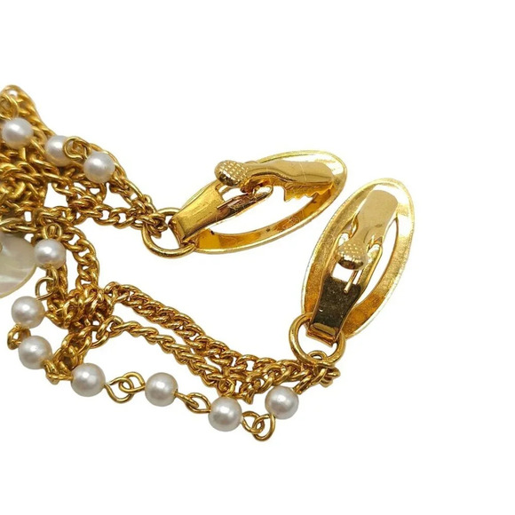 Faux Pearl Beaded Heart Charm Double Chain Sweater Clip Gold Tone Vintage - Picture 2 of 4